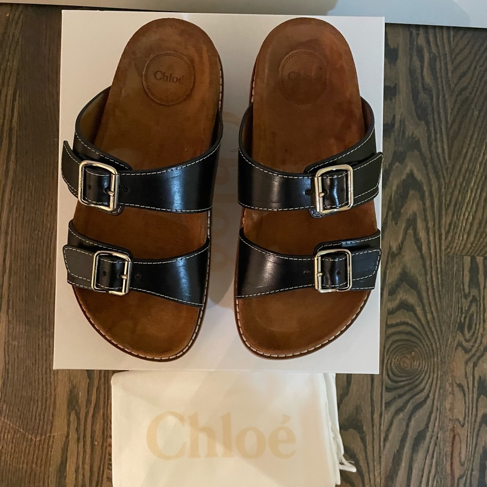 Brand New Chloé Double Strap Leather Marah Sandals in Black